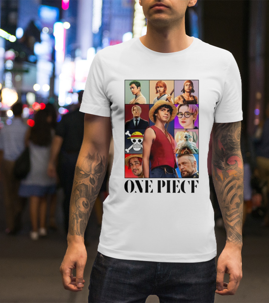 One Piece Characters Collage With Skull And Straw Hat T-Shirt