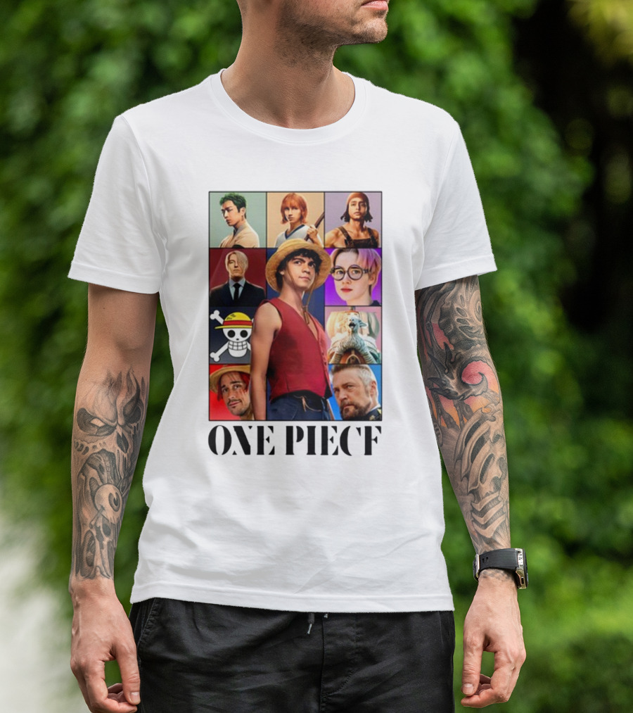One Piece Characters Collage With Skull And Straw Hat T-Shirt