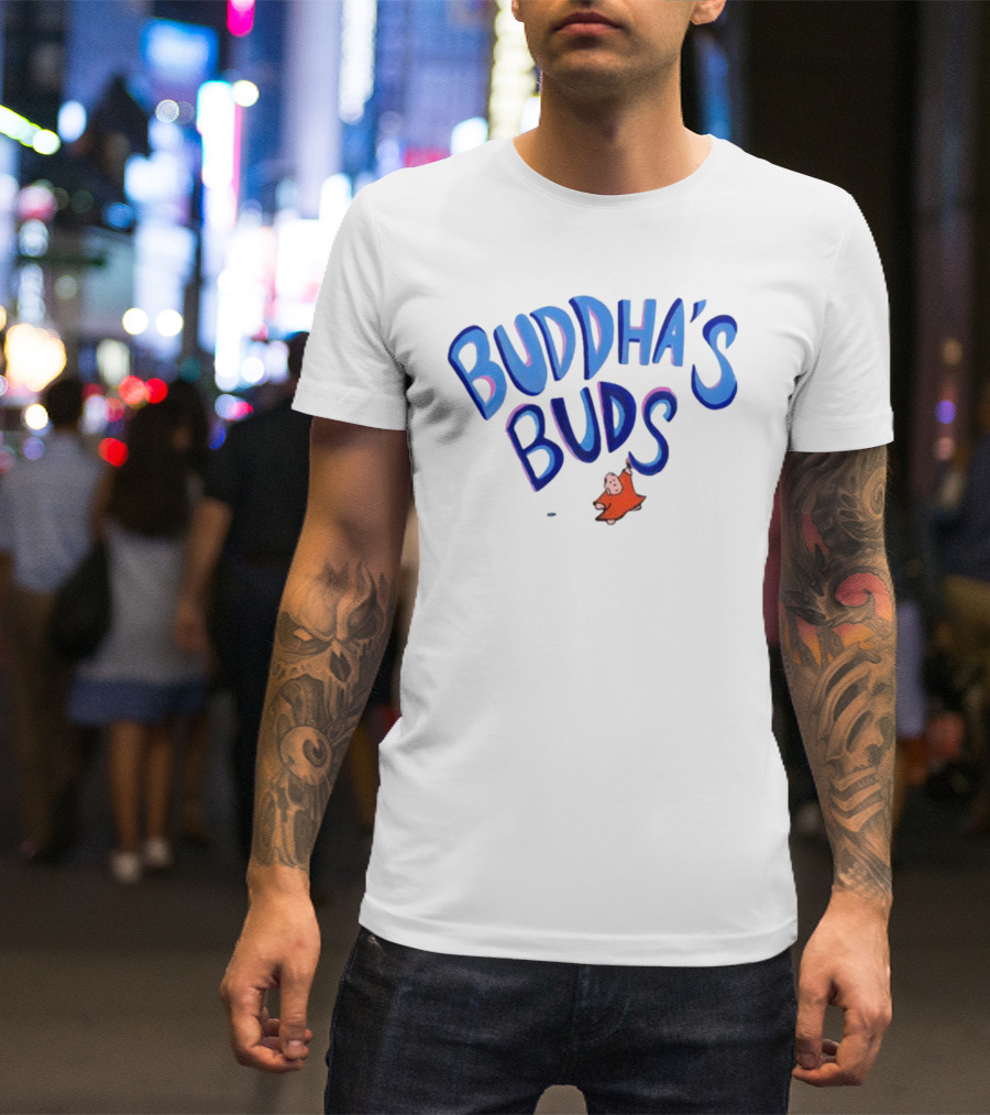 Buddha's Buds Blue Lettering With Cartoon Figure T-Shirt