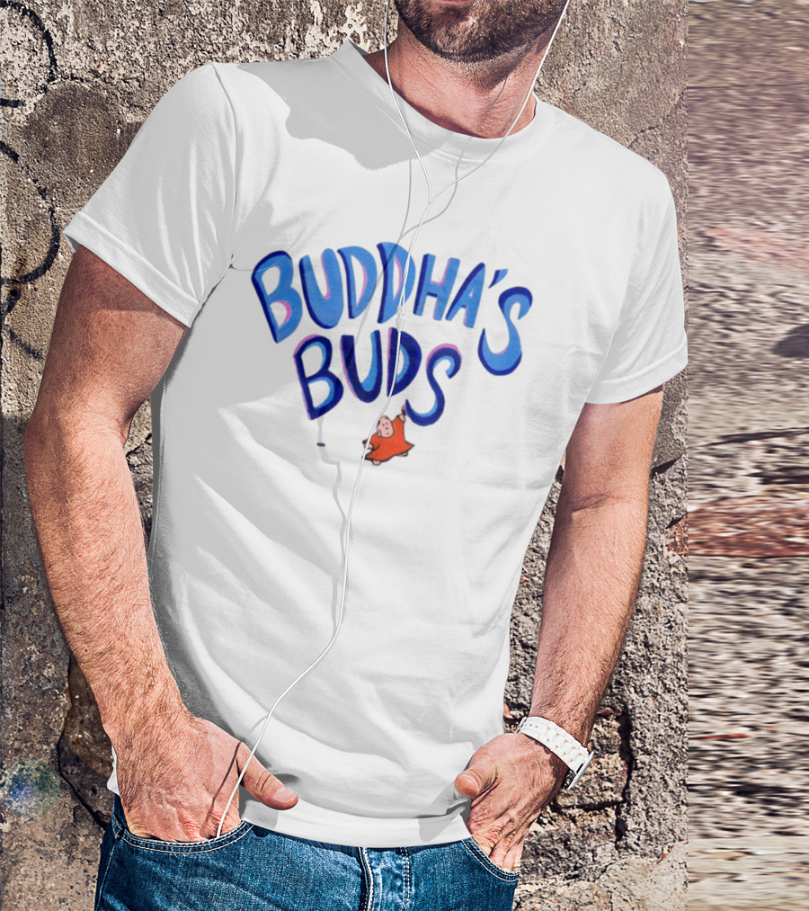 Buddha's Buds Blue Lettering With Cartoon Figure T-Shirt