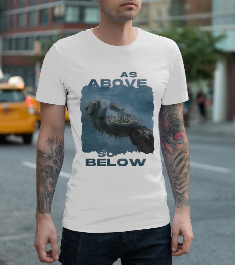 Essenger X Cryoshell As Above So Below Robotic Hand Holding Cityscape T-Shirt