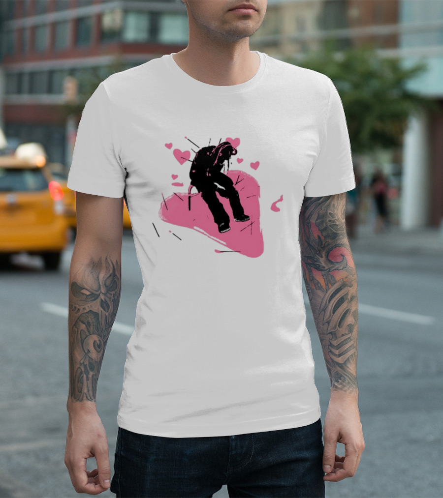 Drokenji Hearts White Pink Heart Black T-Shirt