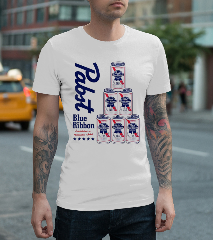 Pabst Blue Ribbon Beer Can Pyramid Established 1844 T-Shirt