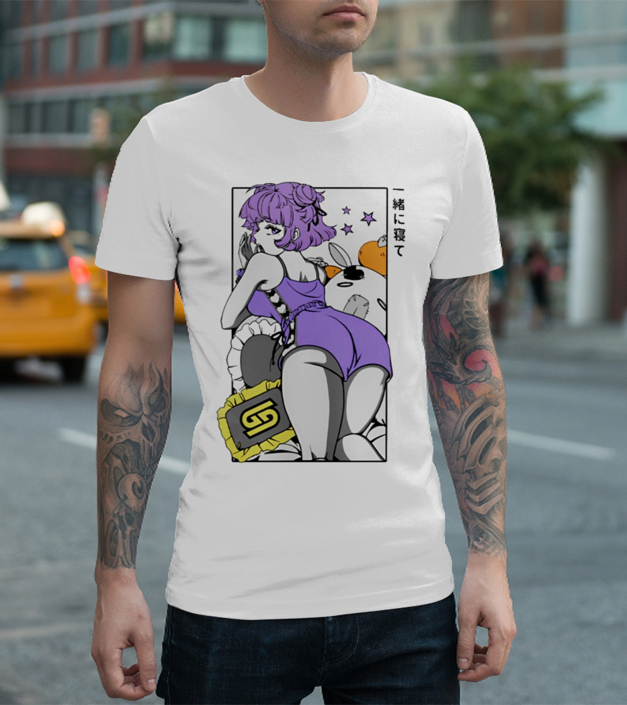Waifu S5.1 Pillow Talk Purple Hair Anime Girl with Cute Plushies and Stars T-Shirt