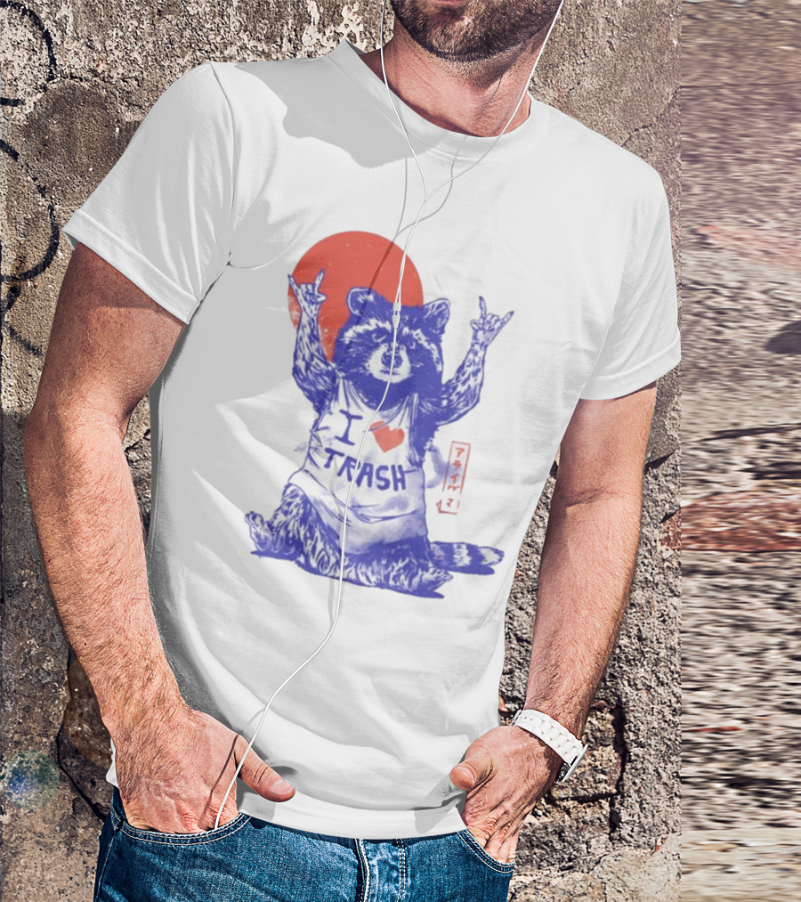 Wickedclothes I Love Trash Raccoon Rock Gesture Red Moon T-Shirt