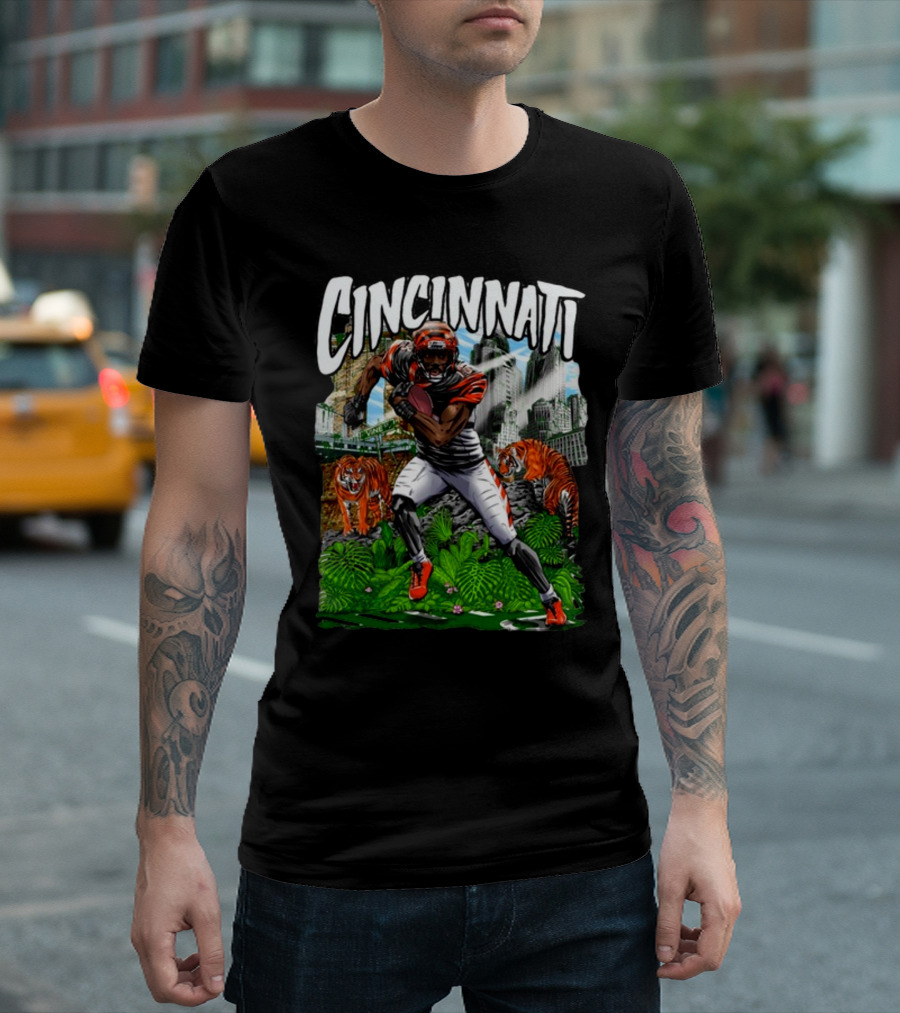 Cincinnati Jungle Football Player with Tigers and City Skyline T-Shirt