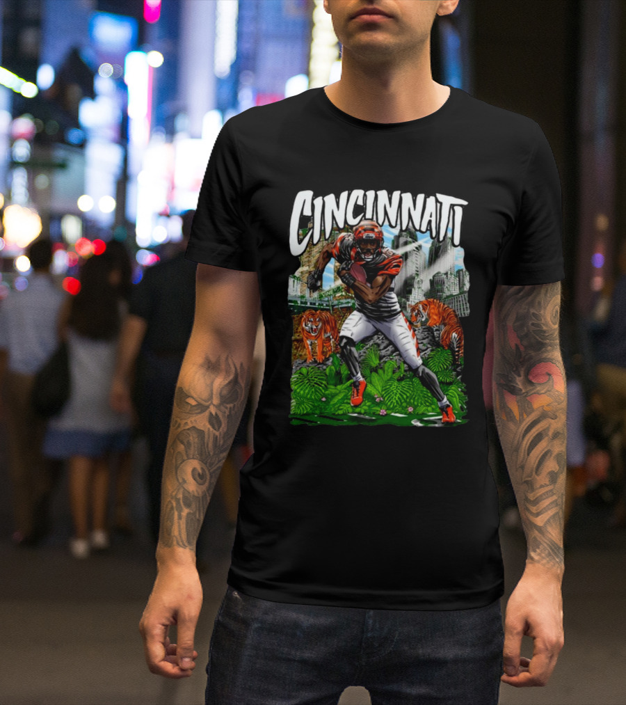 Cincinnati Jungle Football Player With Tigers And City Skyline T-Shirt