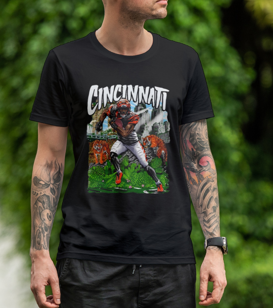 Cincinnati Jungle Football Player With Tigers And City Skyline T-Shirt