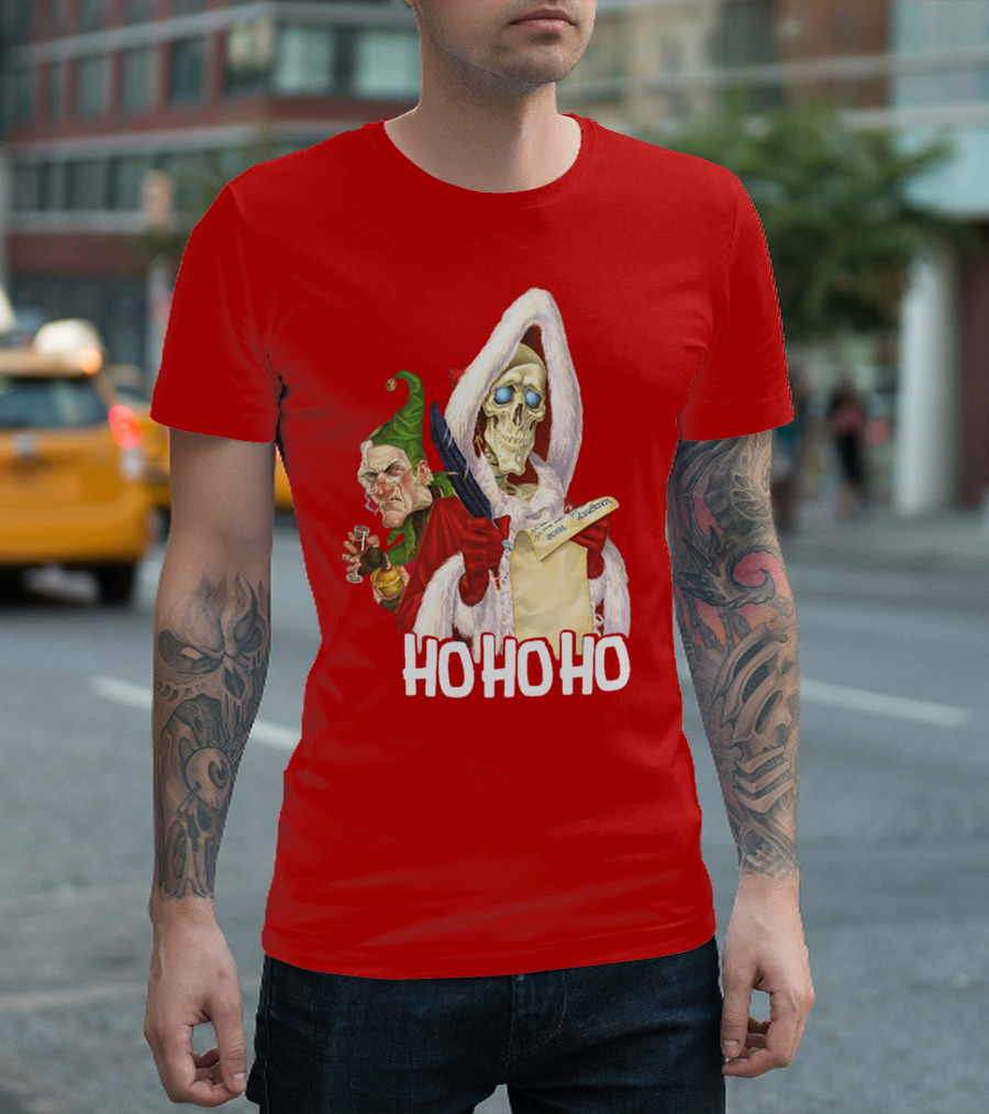 Ho Ho Ho Death With Albert Hogs Santa Skeleton and Elf T-Shirt