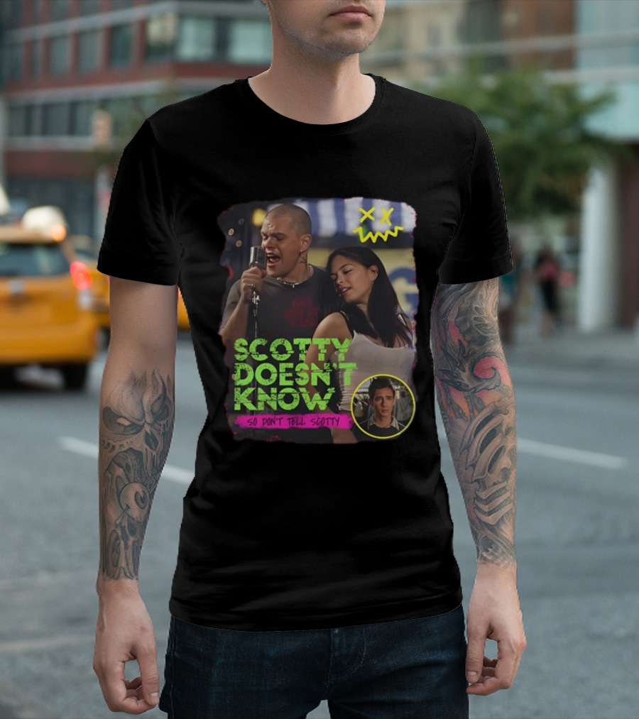 Scotty Doesn't Know So Don't Tell Scotty Movie Scene with Singing and Characters T-Shirt