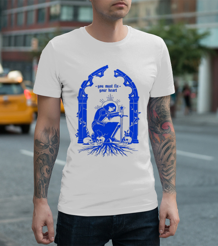 You Must Fix Your Heart Kneeling Skeleton with Sword and Skull Gothic Arch T-Shirt