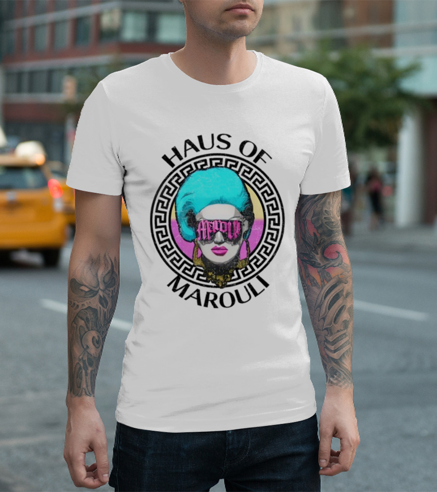 HAUS OF MAROULI Neon Glam Icon With Greek Key Border T-Shirt