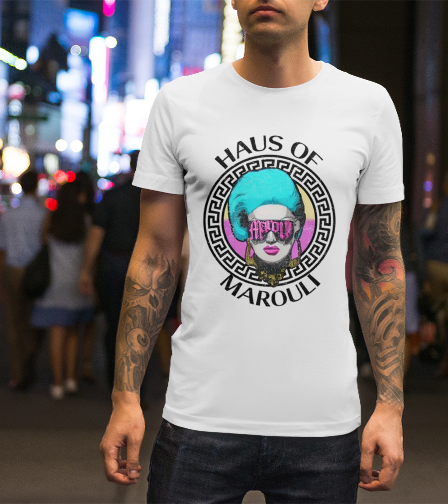 HAUS OF MAROULI Neon Glam Icon With Greek Key Border T-Shirt