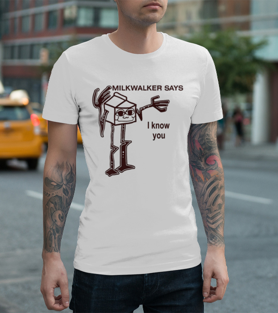 MILKWALKER SAYS I KNOW YOU Creepy Tall Cartoon Character Box Milk T-Shirt