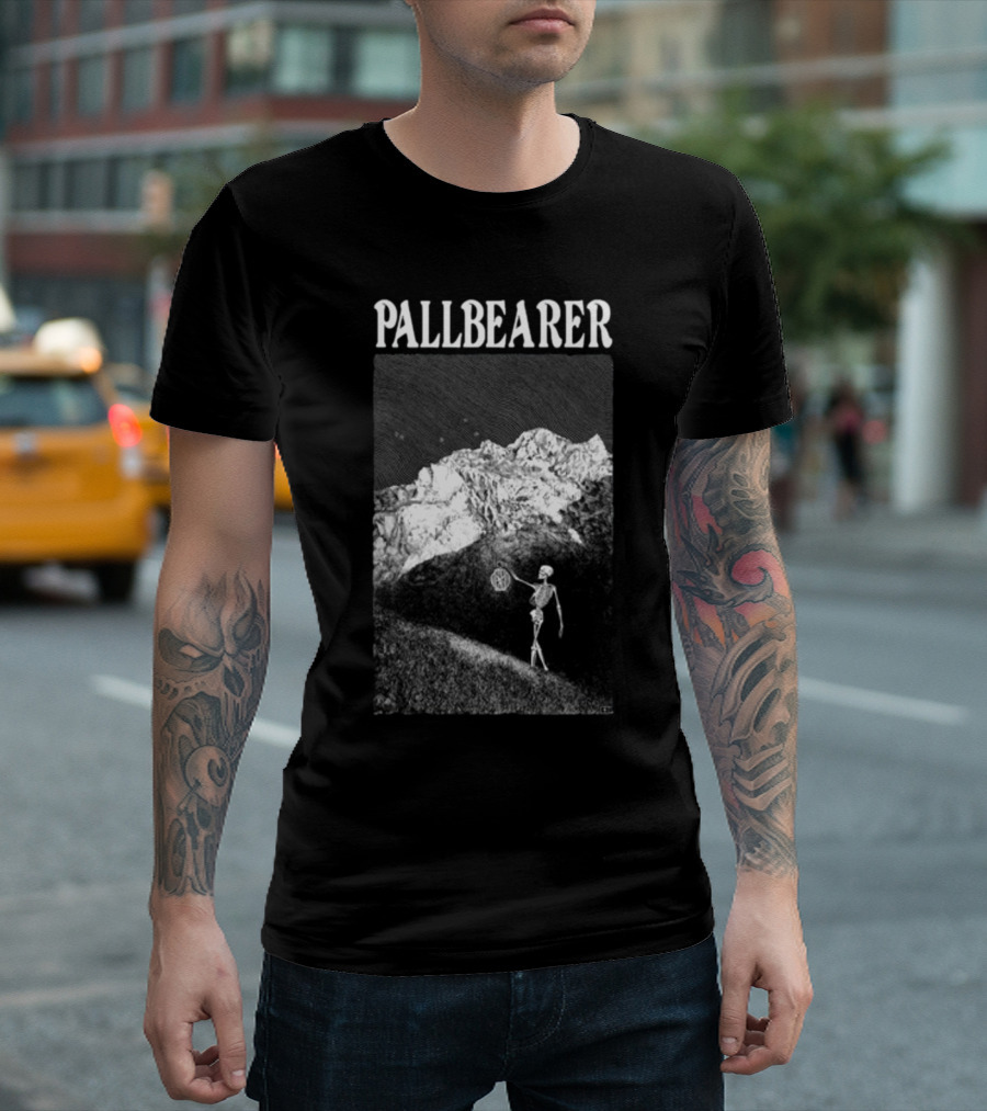 Christian Degn Hermit Pallbearer Skeleton Holding Octagon in Mountainous Landscape T-Shirt