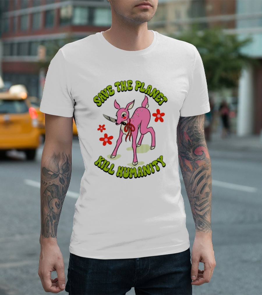 Tragicgirlsco Save The Planet Kill Humanity Pink Deer Floral T-Shirt