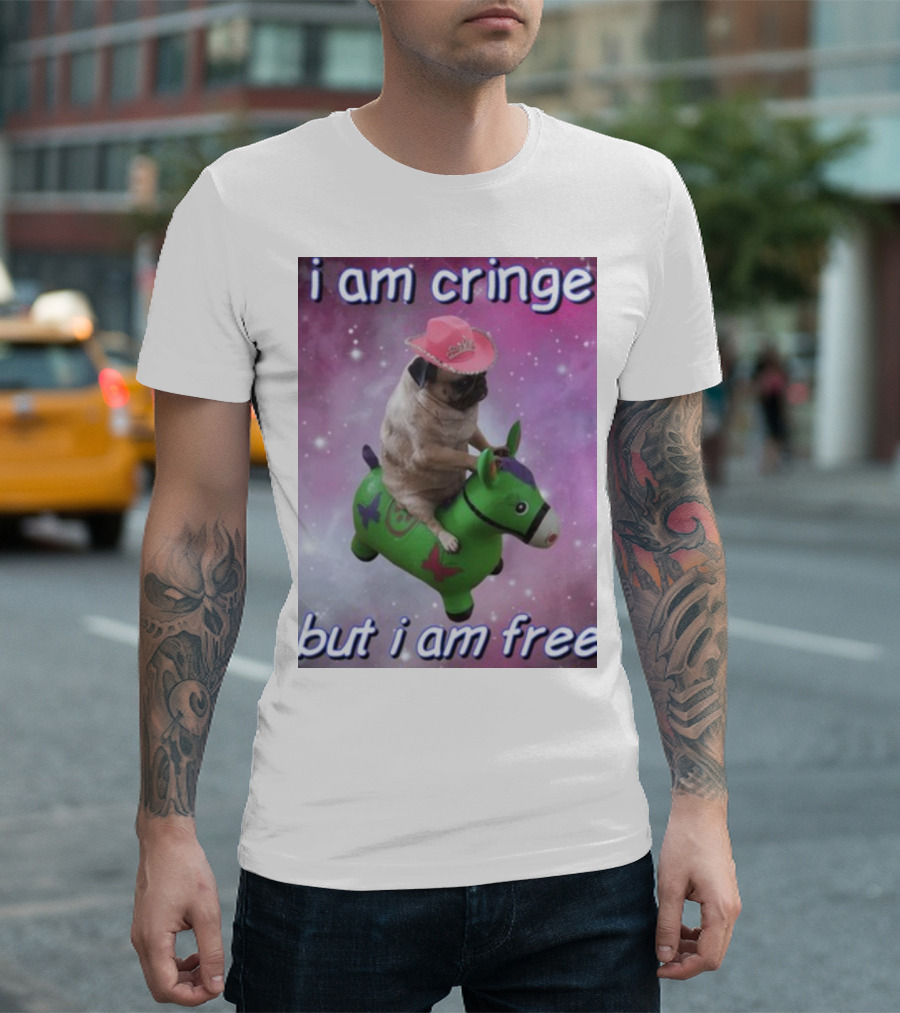 I Am Cringe But I Am Free Dog Riding Green Toy with Pink Cowboy Hat and Space Background T-Shirt