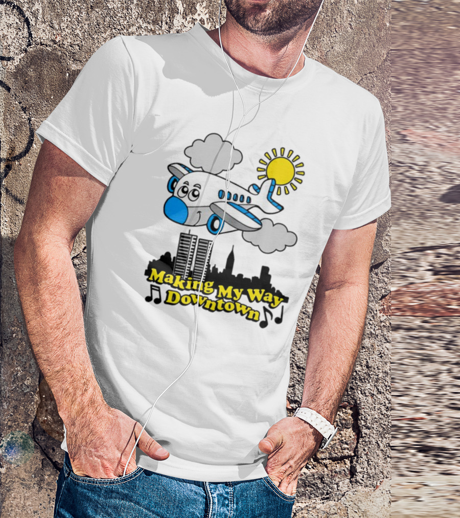 Making My Way Downtown Airplane City Skyline Sun Cloud Notes T-Shirt
