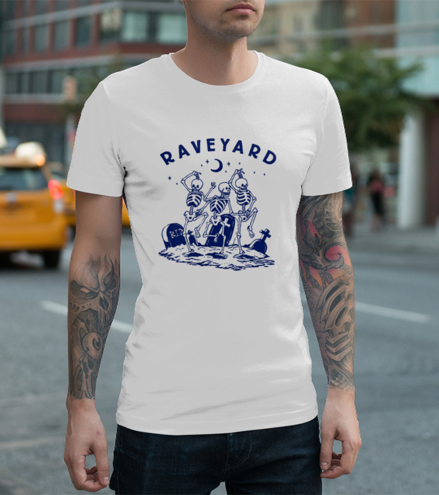 Raveyard Skeleton Dance Under Moon with Tombstones T-Shirt