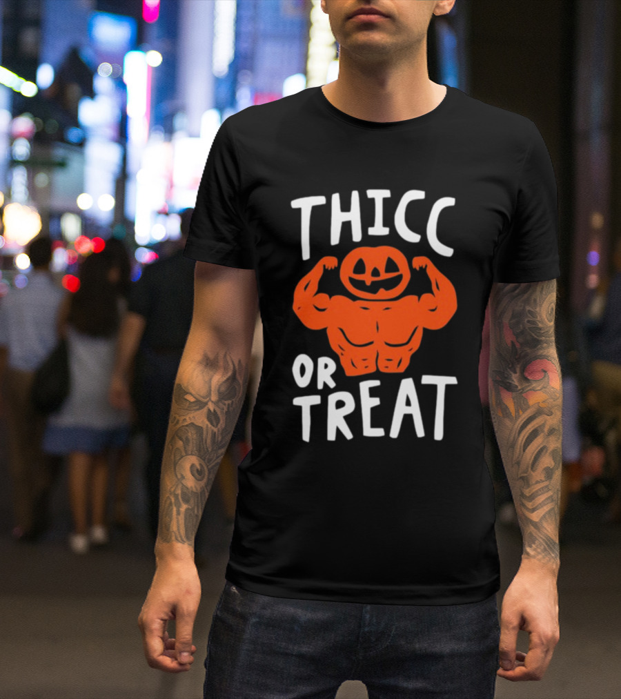 Thicc Or Treats Pumpkin Flexing Muscles T-Shirt