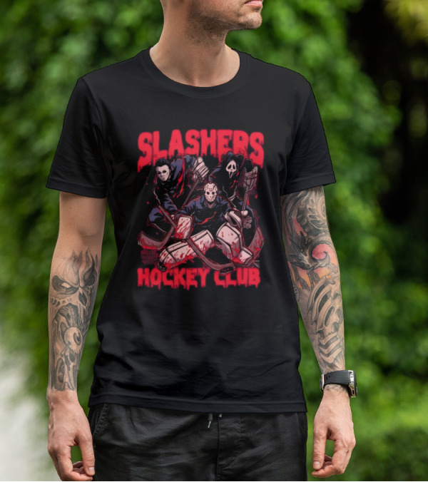 Slashers Hockey Club Horror Icons With Masks And Sticks T-Shirt