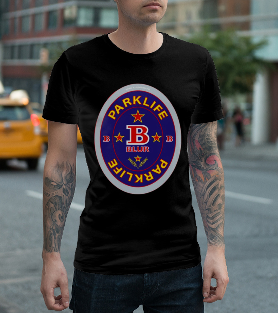 Blur Parklife Beermat Brewed in London England B Logo B Stars T-Shirt
