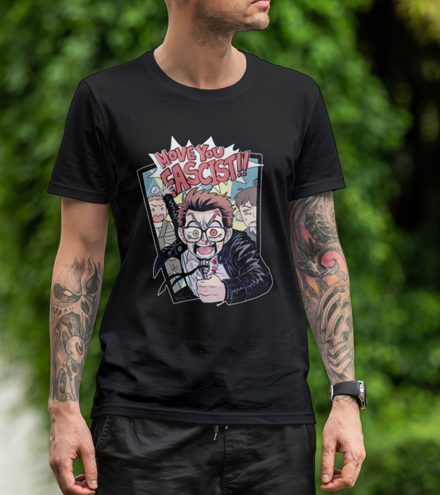 Move You Fascist Comic-Style Angry Character Yelling With Glasses And Leather Jacket T-Shirt
