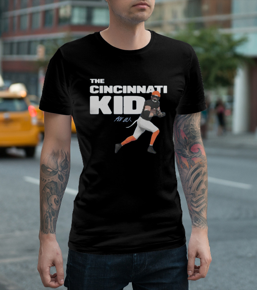 The Cincinnati Kid Football Player Graphic With Signature In Orange And Black T-Shirt
