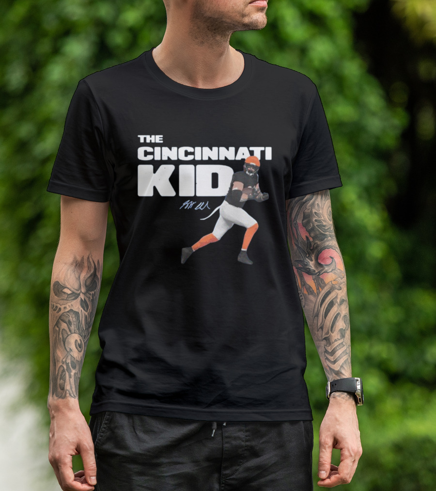 The Cincinnati Kid Football Player Graphic With Signature In Orange And Black T-Shirt
