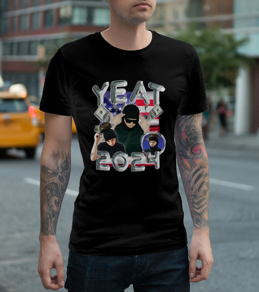 Yeat 2024 Metallic Text with Dollar Bills and American Flag Background T-Shirt