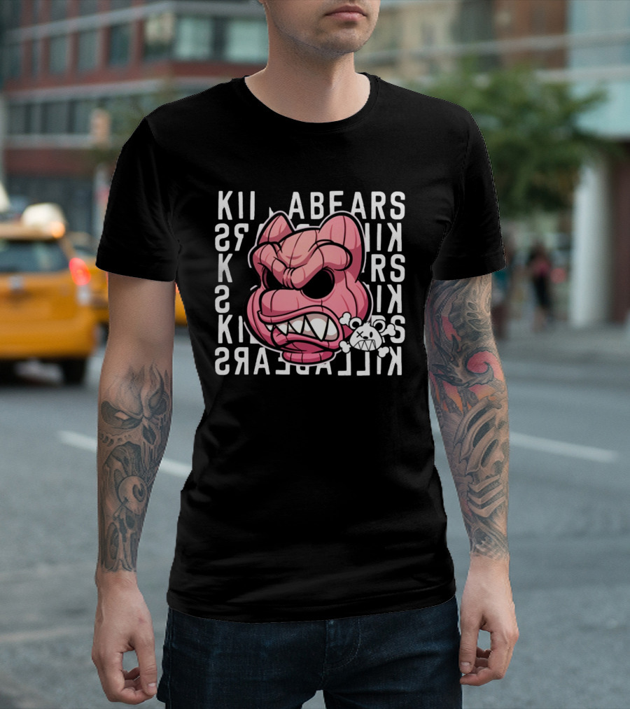 Killabears Angry Pink Bear With Skull And Bones T-Shirt