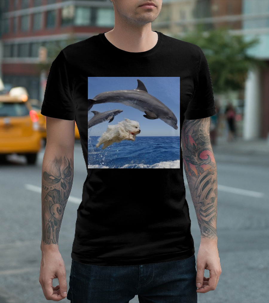 Dog Swimming With Jumping Dolphins Ocean Scene T-Shirt
