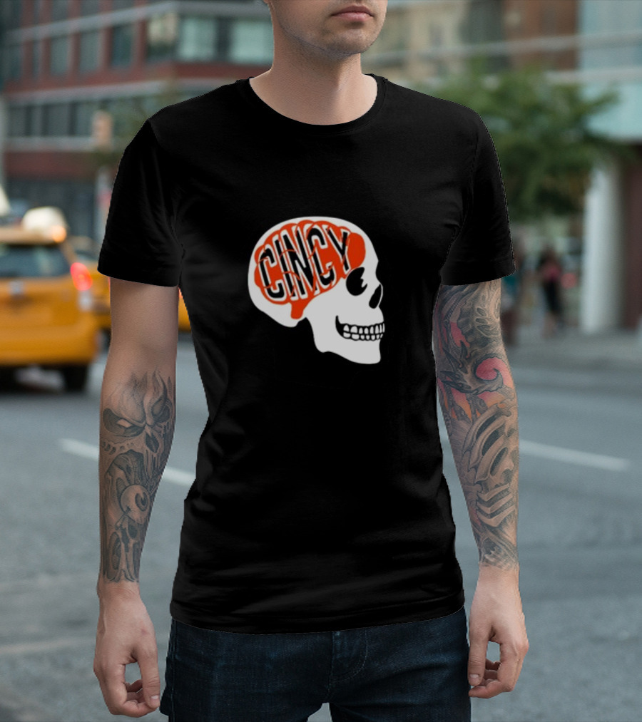 Cincy On The Brain Football Helmet Skull T-Shirt