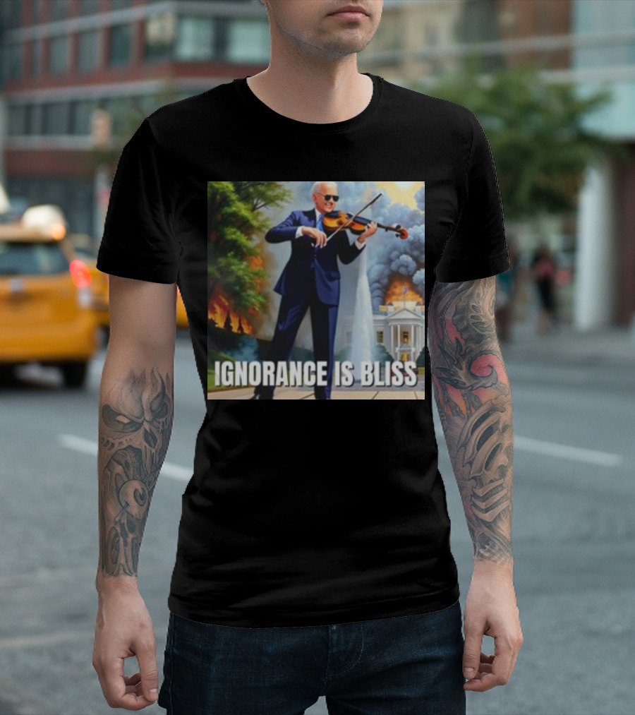 Ignorance Is Bliss Violinist in Suit Playing Amidst Fires and White House T-Shirt