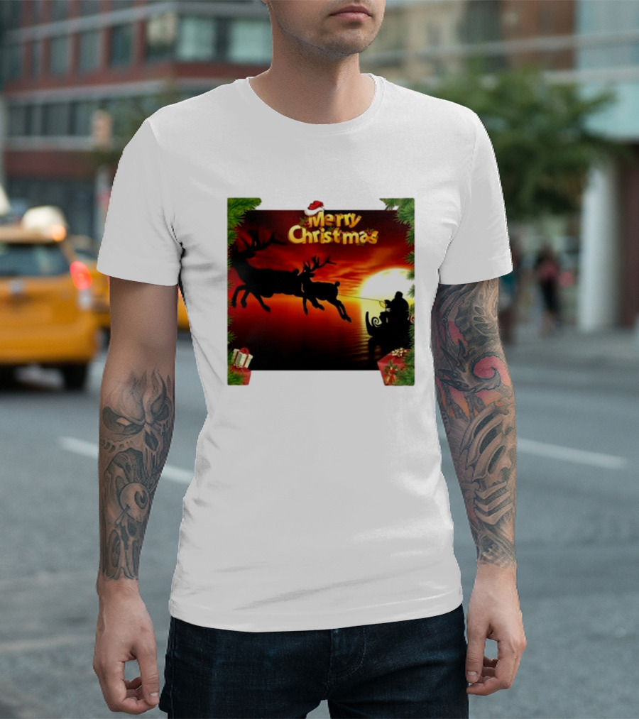 Merry Christmas Santa Claus Sleigh Sunset with Reindeer in Holiday Scene T-Shirt