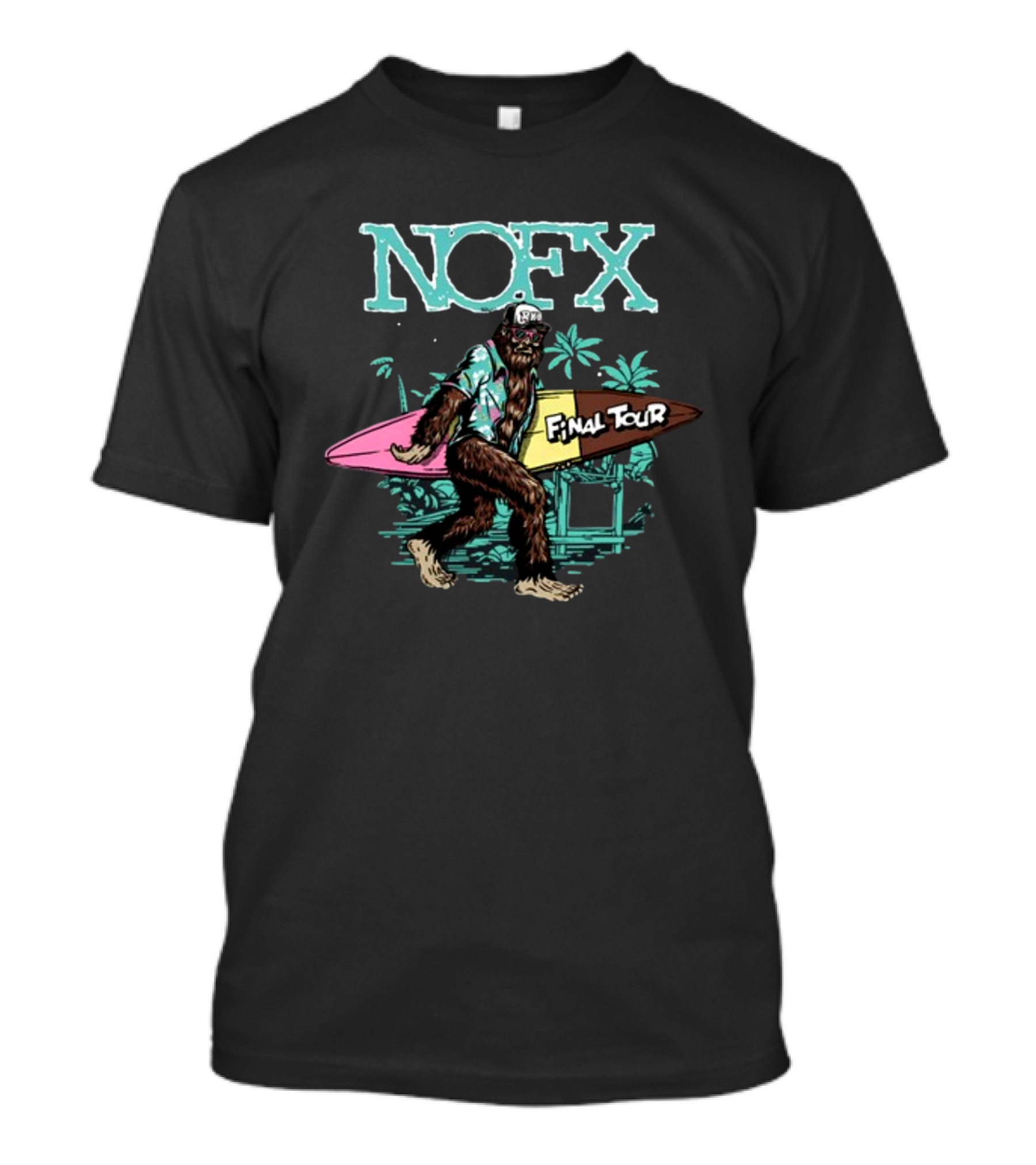 NOFX Final Tour Sasquatch Holding Surfboard Tropical Scene T-Shirt
