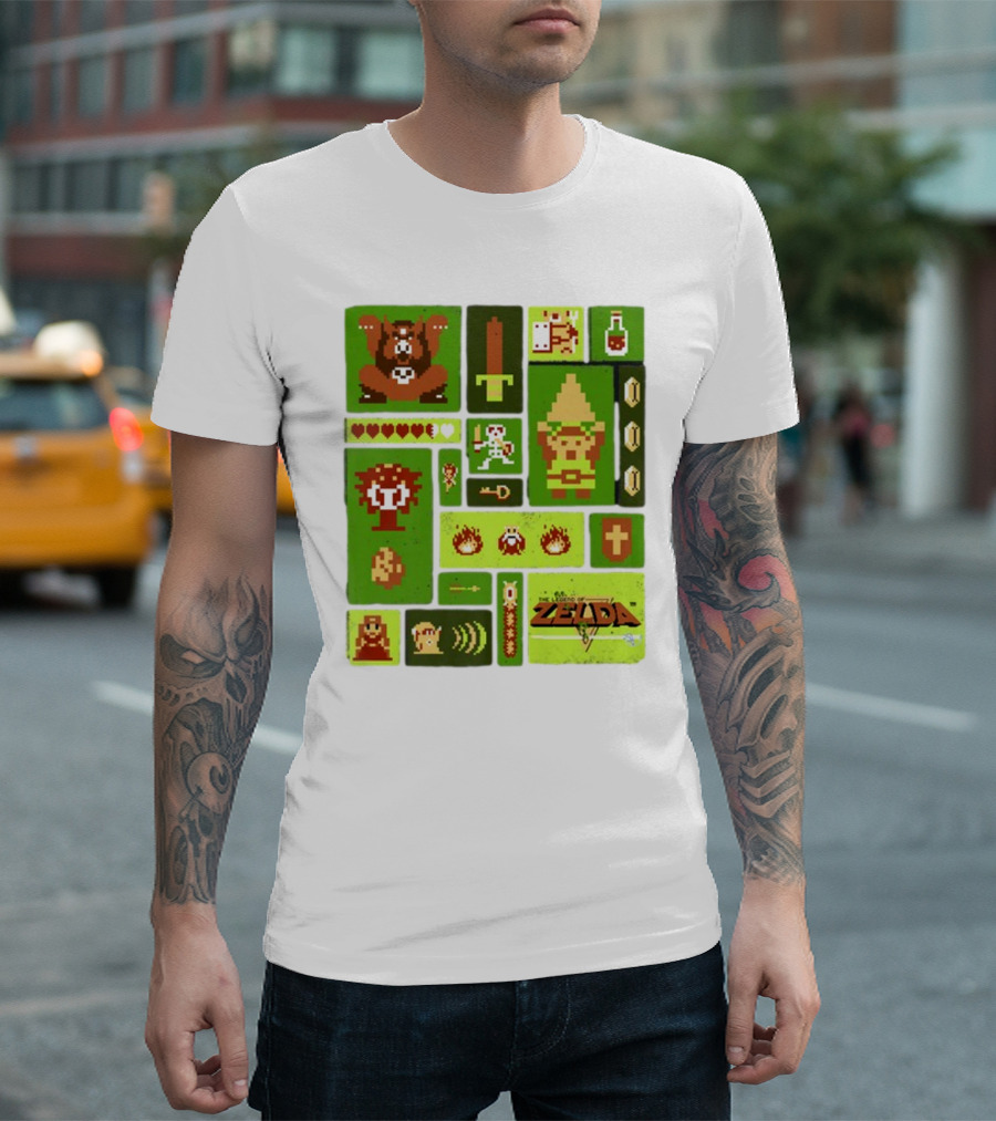 Pixelated Zelda and Link Adventure Icons Mosaic With Sword and Hearts T-Shirt