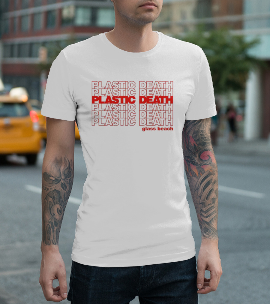 Plastic Death Glass Beach Repeated Text Ringer T-Shirt