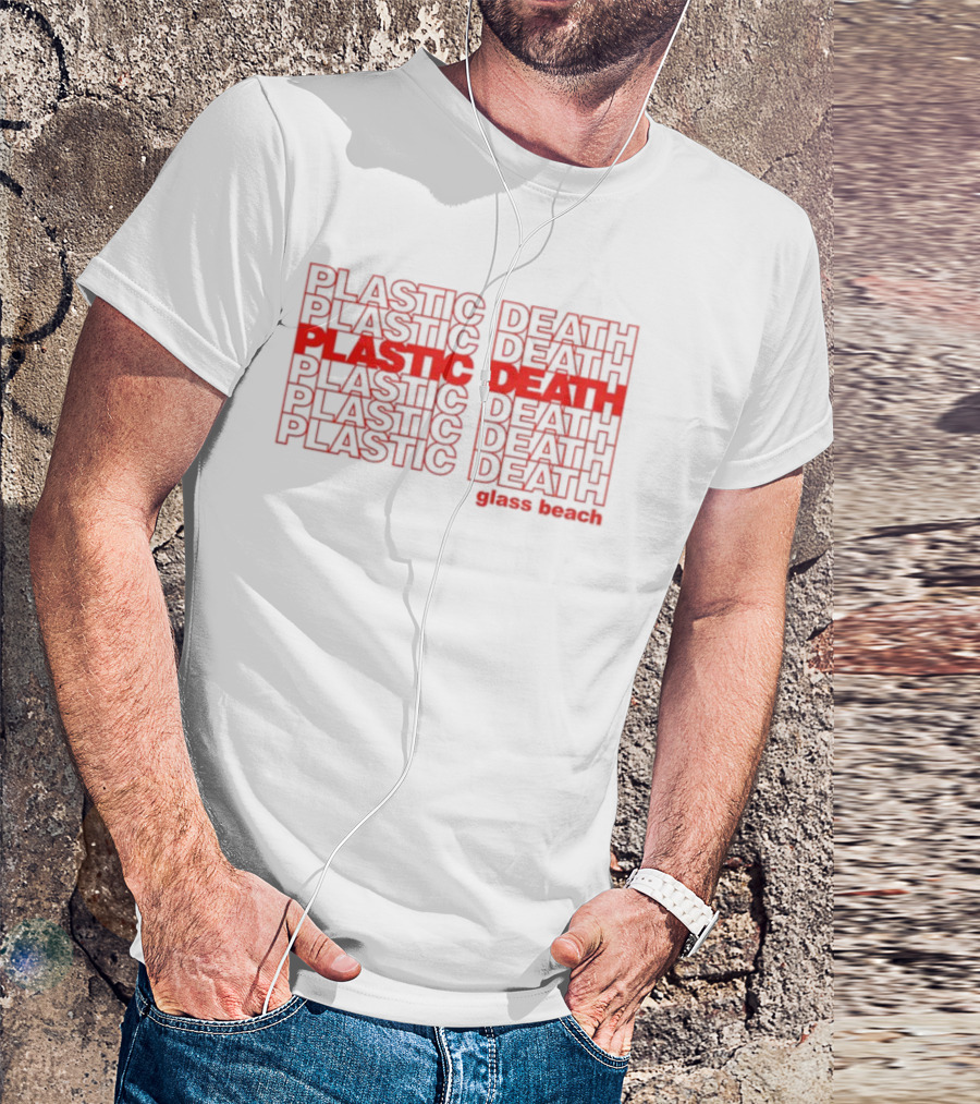 Plastic Death Glass Beach Repeated Text Ringer T-Shirt
