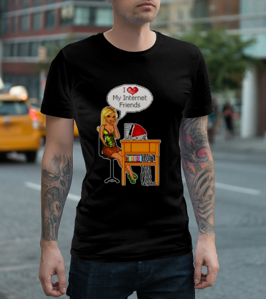 Cherrykitten I Love My Internet Friends Y2K Vintage Blonde Girl At Desk Pixel T-Shirt