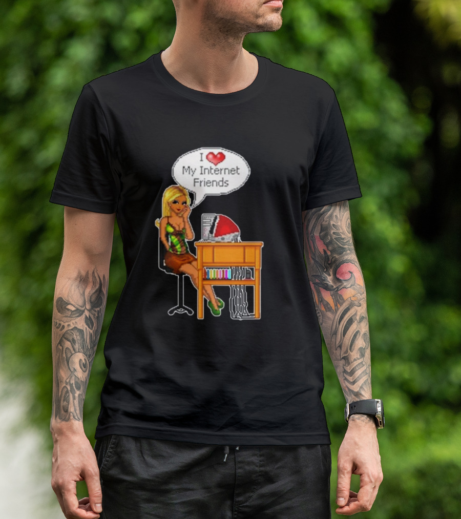 Cherrykitten I Love My Internet Friends Y2K Vintage Blonde Girl At Desk Pixel T-Shirt