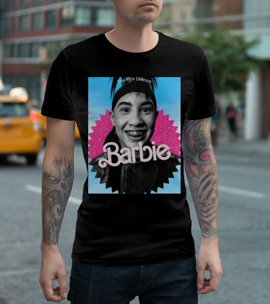 Kick Demon Barbie Smiling Portrait with Pink Starburst Background T-Shirt