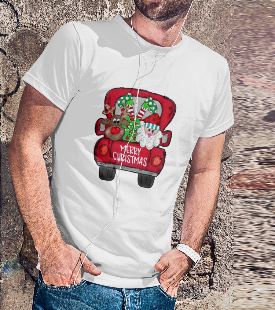 Merry Christmas Santa And Reindeer With Presents In Truck T-Shirt