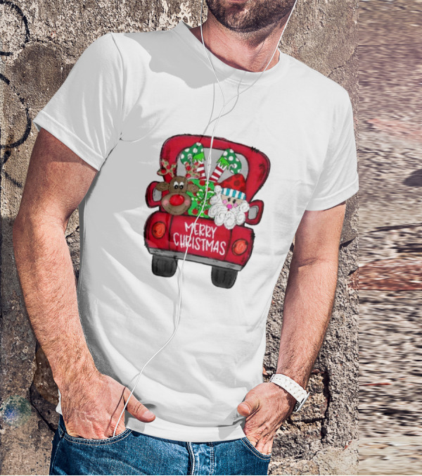 Merry Christmas Santa And Reindeer With Presents In Truck T-Shirt