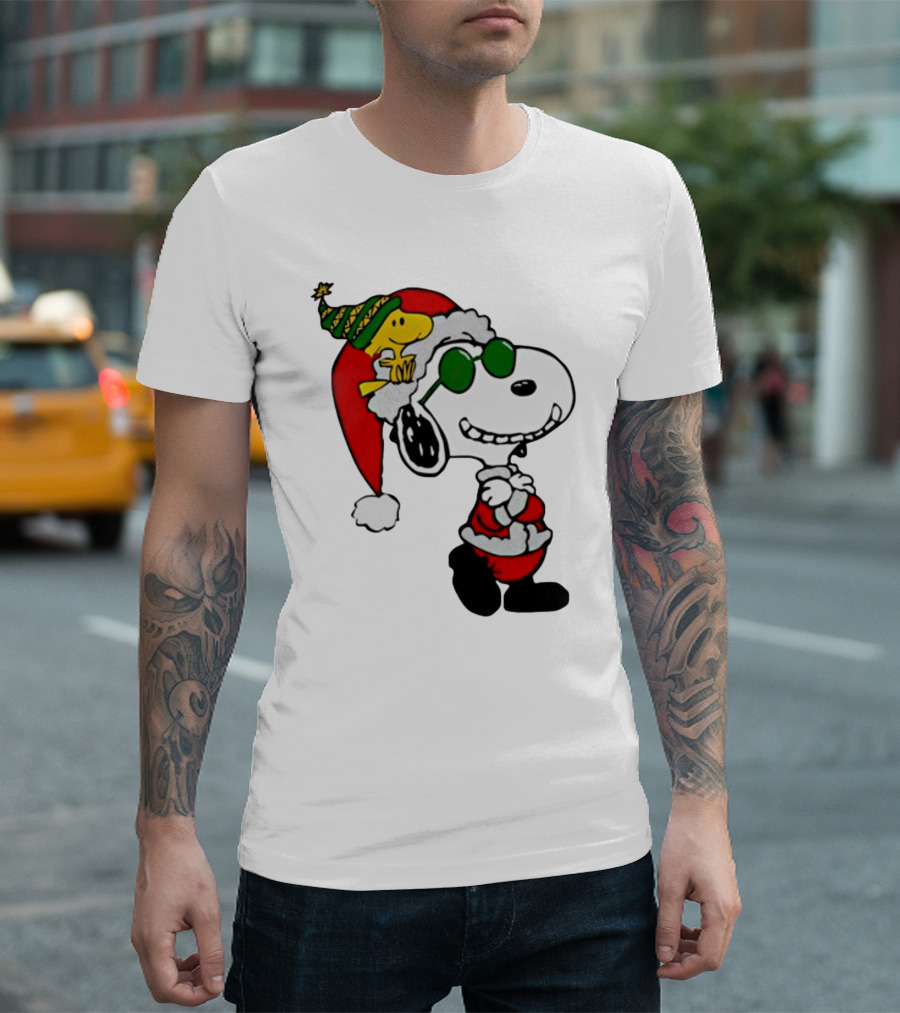 Snoopy and Woodstock Peanuts Merry Christmas Santa Hat and Sunglasses T-Shirt
