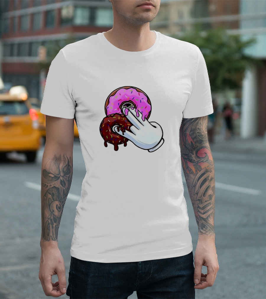 Funnyahhtees Pink and Brown Donuts with Cartoon Glove Hand T-Shirt