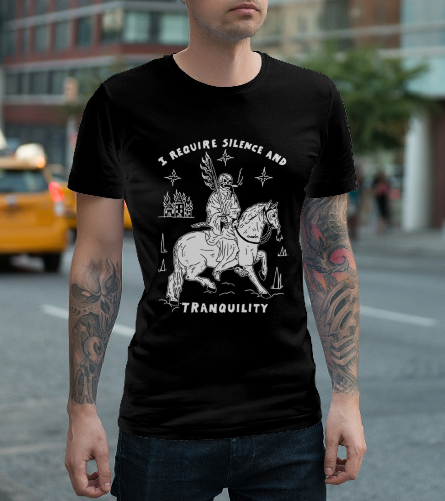I Require Silence and Tranquility Grim Reaper on Horse with Burning Castle and Stars T-Shirt