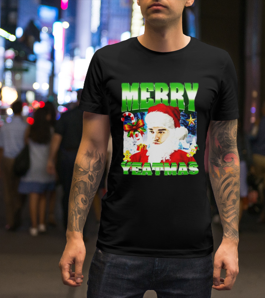 Memeabletees Merry Yeatmas Santa Claus Candy Canes And Snowflakes T-Shirt
