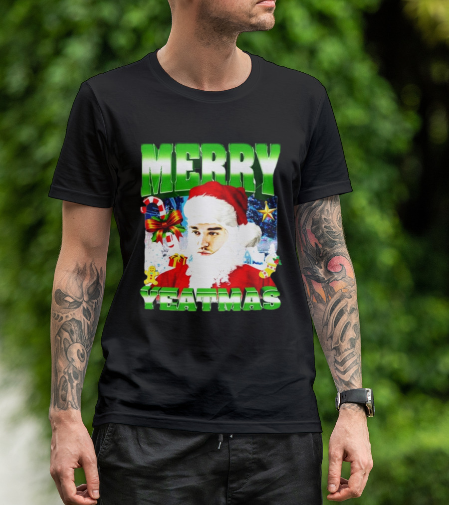 Memeabletees Merry Yeatmas Santa Claus Candy Canes And Snowflakes T-Shirt