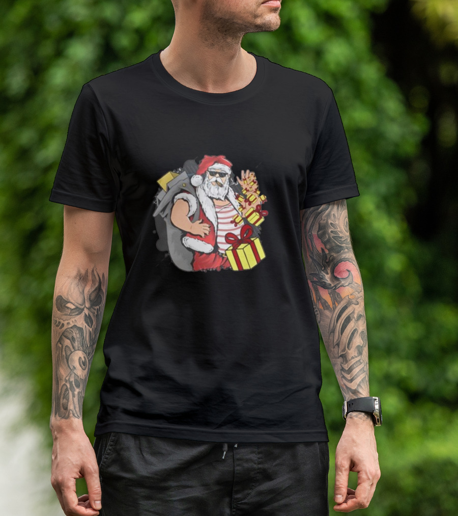 Santa Claus Christmas Cool Gift Vibe With Sunglasses And Peace Sign T-Shirt